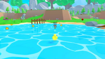Roblox Be Animal A Yellow Roblox Character In The Shape Of A Chick Or Duckling Is In Blue Water With Yellow And Orange Objects Floating Around It