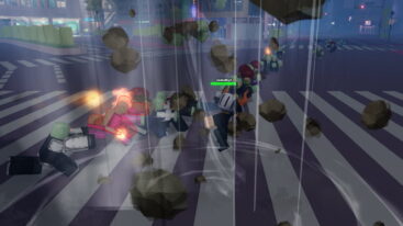 Roblox Blade X Zombies A Silver Helmeted Avatar Uses A Sword Attack To Lift Rocks And Damage Nearby Zombies On A Rainy City Street Crosswalk