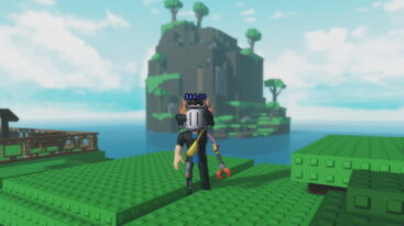 Roblox Brainrot Case Opening Roblox Character On Green Platform Island Background Helmet Blue Shirt Metallic Arm