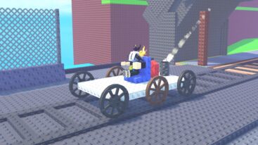 Roblox Build Your Train Avatar Wearing Silver Helmet Sitting On Blue Seat As A Very Basic Train Rides On Train Tracks