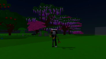 Roblox Build A Habitat A Roblox Character Stands On A Green Field With A Red Apple Tree And A Purple Tree Behind