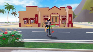 Roblox Build A Restaurant A Roblox Character With A White Helmet Gold Horns A Banana Bag And A Red Claw Arm Stands In Front Of A Brown Restaurant Building With Red Awnings And Two Palm Trees