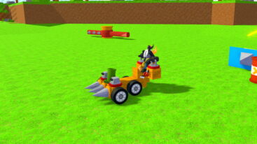 Roblox Car Battles A Roblox Character With A Black And White Helmet And Orange Horns Is Sitting On A Custom Built Wooden Four Wheeled Vehicle With Three Spikes On The Front On A Green Grassy Field