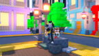 Roblox Click For Free Ugc Items A Roblox Character With A Black And White Helmet Gold Horns A Banana Bag And A Red Claw Arm Stands On A Blocky Grey Platform In A Colorful Cityscape