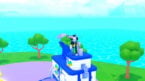 Roblox Clicker Islands A Roblox Character With A Silver Helmet And Colorful Accessories Standing On A Blue And White Building In A Vibrant Ocean Scene