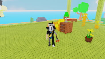 Roblox Craft A Brainrot Home A Roblox Character With A Helmet Banana Bag And Red Claw Arm Stands On A Green Block Platform With Various Blocky Furniture And Decorations