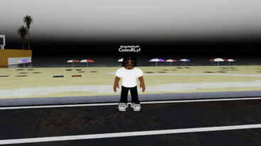 Roblox Crashouts Avatar Wearing White Top And Black Jeans On Road In Front Of Beach Umbrellas Palm Trees With Dark Sky At Night