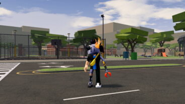 Roblox Da Block A Roblox Character Stands On An Asphalt Street Facing A Fenced Basketball Court And A Playground With Realistic Style Buildings In The Background