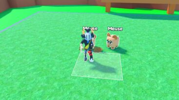 Roblox Dig 1 Million Blocks Avatar Wearing Silver Helmet Holding A Wooden Shovel Standing On Grass Blocks As Two Mice Pets Stand Behind