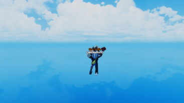 Roblox Dirt Incremental A Roblox Character With A White Helmet Gold Horns A Bat And Crows On Its Head A Banana Bag And A Red Claw Arm Falling Through The Blue Sky With Clouds Behind