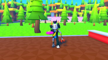 Roblox Donuts Tycoon Avatar With Black White Helmet Holding Pink Doughnut Standing On Brown Tile With Green Grass Tall Green Trees And Buildings In Background
