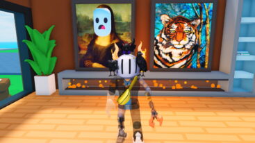 Roblox Dream House Tycoon A Roblox Character With A White Helmet Banana Bag And A Red Claw Arm Stands In A Modern Room With A Painting Of The Mona Lisa With A Blue Mask And A Painting Of A Tiger