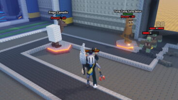 Roblox Easybrainrot Tower Defense Avatar Wearing Silver Helmet Holding Massive White Slap Weapon As Brainrots Attack Zombies