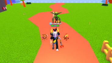Roblox Fight To Save Brainrot A Roblox Character With A White Helmet Gold Horns A Banana Bag And A Red Claw Arm Stands On A Red Path In A Green Field With A Green Goblin And Two Brown Pets