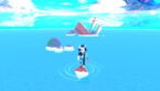 Roblox Fishing Incremental A Roblox Character Stands On A Small Box In A Vast Blue Ocean Facing A Submerged Shipwreck With Stylized Pink And Blue Clouds In The Sky
