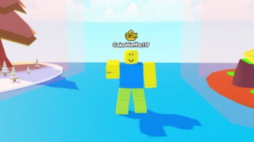 Roblox Flex Your Power A Classic Roblox Character With A Yellow Head And Blue Shirt Stands On A Light Blue Surface Between A Snowy Island And A Green Island