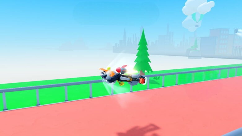Roblox Fly A Jetpack A Roblox Character With A Jetpack Is Flying Horizontally Over A Red Road With A Green Field A Pine Tree And A Cityscape In The Background