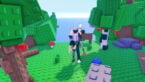 Roblox Garden Incremental A Roblox Character With A White Helmet Gold Horns A Banana Bag And A Red Claw Arm Stands On A Green Blocky Platform With Red Mushrooms And Trees With Red Apples