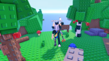 Roblox Garden Incremental A Roblox Character With A White Helmet Gold Horns A Banana Bag And A Red Claw Arm Stands On A Green Blocky Platform With Red Mushrooms And Trees With Red Apples
