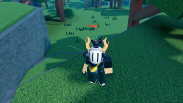 Roblox Gone Hunting Avatar Wearing Silver White Helmet With Cat Bat On Top Standing On Ledge In Firest As A Red Squirrel Runs Along The Grass