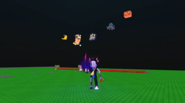 Roblox Grab A Brainrot A Roblox Character With A Black Helmet And Horns Holding A Purple Sword On A Green Platform Under A Dark Sky With Brainrots Falling From The Sky