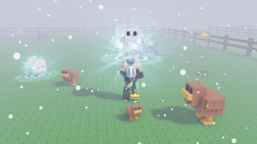 Roblox Grow Big Animals A Roblox Character With A White Helmet And Banana Holding A White Chicken Above Head Standing In A Green Snowy Field With Various Blocky Chicken Models