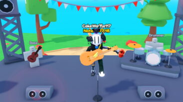Roblox Guitar Simulator A Roblox Character With Silver Helmet Playing A Guitar On A Stage With Other Band Members And Music Equipment