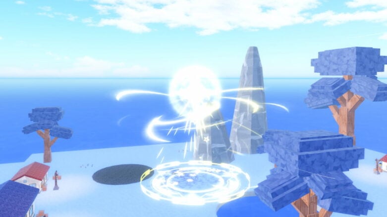 Roblox Honey Piece A Bright White Glowing Energy Orb With Swirling Trails Is Hovering Over A Circular Glowing Platform On A White Island Surrounded By Blue Water