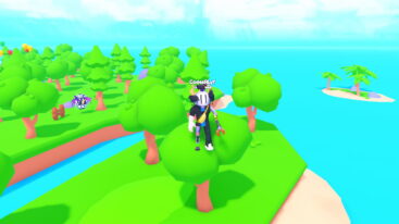 Roblox Infinity Hatchers A Roblox Character With A White Helmet Gold Horns A Banana Bag And A Red Claw Arm Stands On Top Of A Green Tree In A Lush Forest By The Ocean