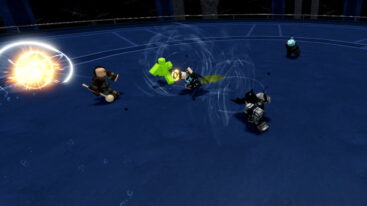 Roblox Invincible Showdown Four Roblox Characters Are In A Circular Arena And A Glowing Gold Orb With White Rings Is Emanating From One Of The Characters