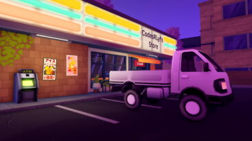 Roblox Japanese Supermarket Simulator The Exterior Of A Convenience Store Labeled Codesrlyfs Store With Two Posters Featuring Japanese Characters And A White Pickup Truck Parked Out Front At Dusk