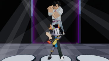 Roblox Kpop Your Idols A Blocky Roblox Character And A Taller Realistic Avatar Are Posing On A Stage Under Bright Spotlights With Purple Light Accents