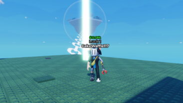 Roblox Luck Incremental A Roblox Character With A White Helmet Gold Horns A Banana Bag And A Red Claw Arm Stands On A Green Blocky Platform With A Floating Island In A Bubble Above It