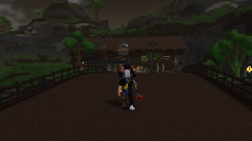 Roblox Lumber Inc A Roblox Character Stands On A Dark Wooden Bridge Facing A Sawmill Building With A Saw Blade Logo In A Forested And Mountainous Landscape