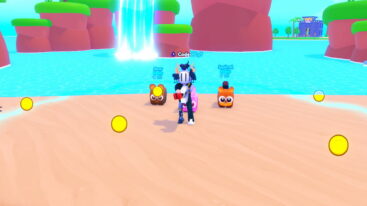 Roblox Magnet Legends A Roblox Character Stands On A Sandy Beach With Two Pets And Yellow Collectible Coins On The Ground With Blue Water And Islands In The Background