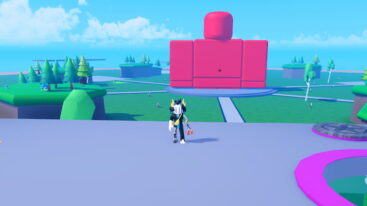 Roblox Merge Soldiers A Roblox Avatar Wearing White Helmet And Red Claw Arm Stands On A Purple Platform Facing A Giant Red Blocky Humanoid Figure On A Separate Platform In A Large Open Green Field