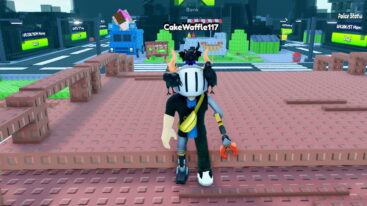 Roblox Millionaire Simulator A Roblox Character With A White Helmet Gold Horns A Banana Bag And A Red Claw Arm Stands On A Brown Bridge Overlooking A Blocky Cityscape
