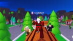 Roblox Mugen Slayers A Red And Black Robed Character Stands On A Wooden Rooftop With Two Companions Including One Wearing A Boar Mask In A Cartoon Japanese Village Setting