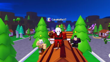 Roblox Mugen Slayers A Red And Black Robed Character Stands On A Wooden Rooftop With Two Companions Including One Wearing A Boar Mask In A Cartoon Japanese Village Setting