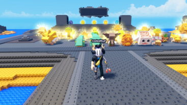 Roblox My Brainrot Miner A Roblox Character With A White Helmet Banana Bag And Red Claw Arm Stands On A Grey And Yellow Blocky Platform In Front Of A Line Of Blocky Brainrot Creatures