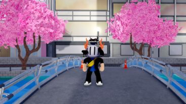 Roblox My Hero Academia Ultimate A Roblox Character With A Black And White Helmet Gold Horns And Crows On Its Head Standing On A Bridge Flanked By Pink Cherry Blossom Trees