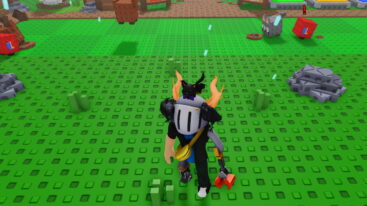 Roblox My Lucky Pet A Roblox Character With A White Helmet Gold Horns A Bat And Crows On Its Head A Banana Bag And A Red Claw Arm Stands On A Green Block Field With Different Colored Pets