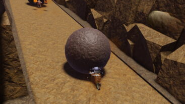 Roblox Push And Slide A Roblox Character Is Pushing A Large Brown Boulder Down A Rocky Path