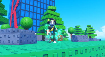 Roblox Reach The Top Avatar Wearing Silver Helmet With Animals On Top Standing Near A Tree Encased In A Green Aura With Tall Building Behind With The Red Letter R