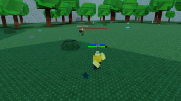 Roblox Roguerealms A Yellow And Green Player Character Stands In A Low Poly Forest Facing An Enemy Npc Named Speedy Bomber With Visible Health And Mana Bars On The Screen
