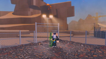 Roblox Scrap It A Roblox Character Holding A Anchor Stands On A Pile Of Scrap Debris Behind A Chain Link Fence With Floodlights A Crane And Large Brown Earth Piles In The Background