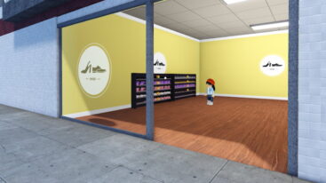Roblox Shoes Shop A Yellow Walled Shop With Two Shelves Of Colourful Shoes A Wooden Floor And An Avatar Looking At Them From The Centre
