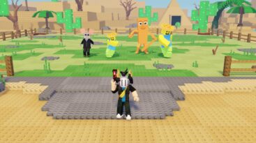 Roblox Shoot And Catch A Brainrot A Roblox Character With A Helmet And Banana Bag Holding A Gun In A Desert Scene With Brainrot Blocky Characters And Cactus