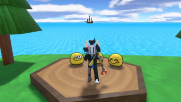 Roblox Smileys A Roblox Character Stands On A Wooden Platform Between Two Large Yellow Smiley Face Creatures With A Pirate Ship In The Background