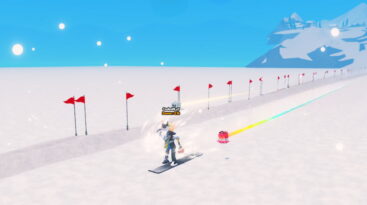 Roblox Snow Racing A Roblox Character On A Snowboard With A Trail Of Rainbow Colors Behind It Racing Down A Snowy Slope Marked With Red Flags
